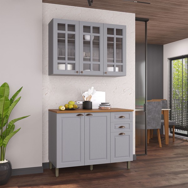 Cozinha Compacta Bariloche 6 Portas 2 Gavetas com Vidro e Pés 100% Mdf Titânio Fosco - Indékes