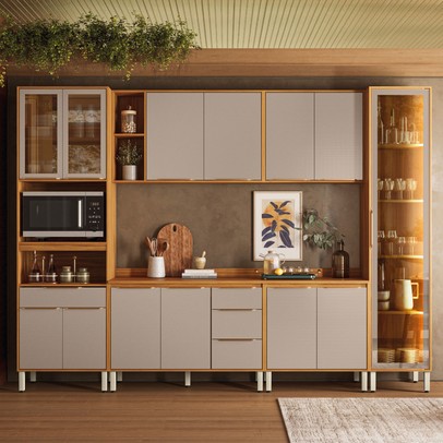 Cozinha Completa Plena 13 Portas 4 Gavetas com Vidro Reflecta e Led Cinamon/Nude Prime Tx - Demóbile