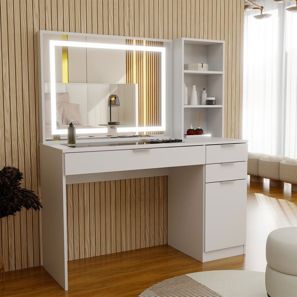 Penteadeira Suiça 1 Porta 3 Gavetas com Espelho e Led Branco - Panorama Móveis