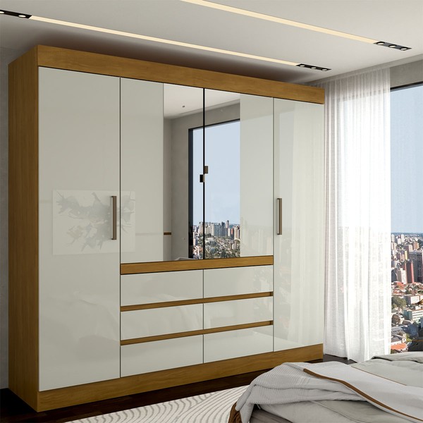 Guarda-Roupa Casal Dublin 4 Portas 6 Gavetas com Espelho Cinamomo/Off White - Panorama Móveis