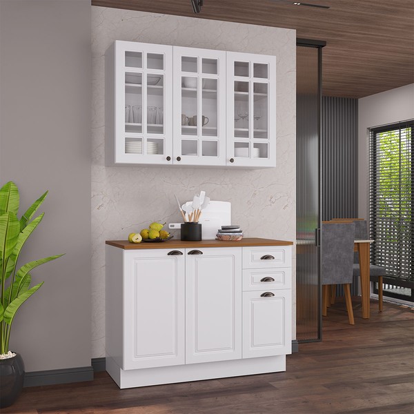 Cozinha Compacta Bariloche 6 Portas 2 Gavetas com Vidro e Tampo 100% Mdf Branco - Indékes
