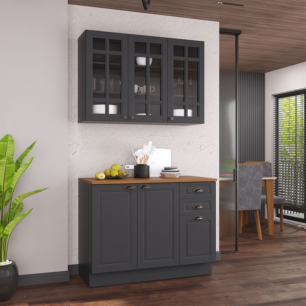 Cozinha Compacta Bariloche 6 Portas 2 Gavetas com Vidro e Tampo 100% Mdf Chumbo - Indékes