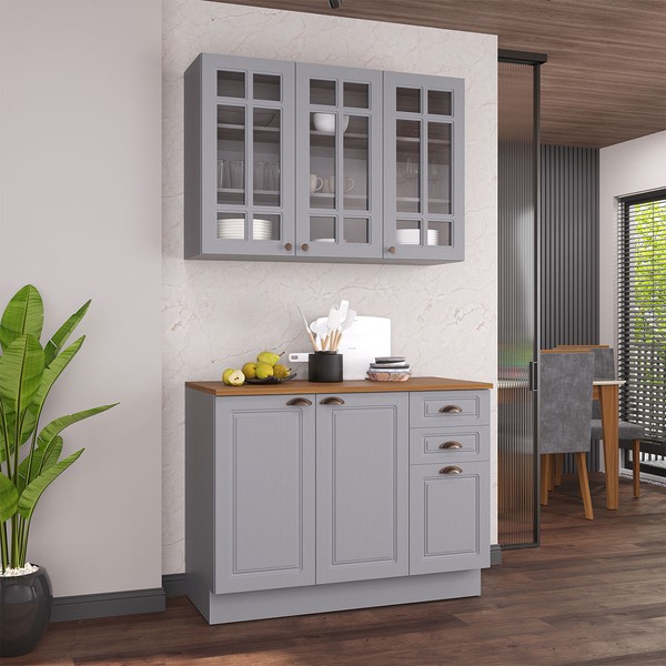 Cozinha Compacta Bariloche 6 Portas 2 Gavetas com Vidro e Tampo 100% Mdf Titânio Fosco - Indékes