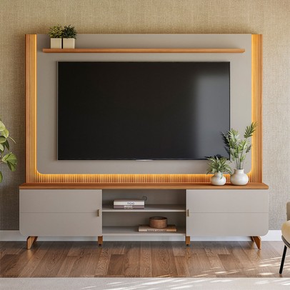 Estante para TV Até 75 Polegadas Milano 2 Portas com Led Canela/Gris Fosco - Linea Brasil