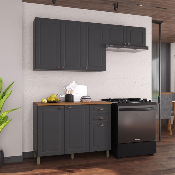 Cozinha Compacta Bariloche 8 Portas 2 Gavetas com Tampo e Pés 100% Mdf Chumbo - Indékes