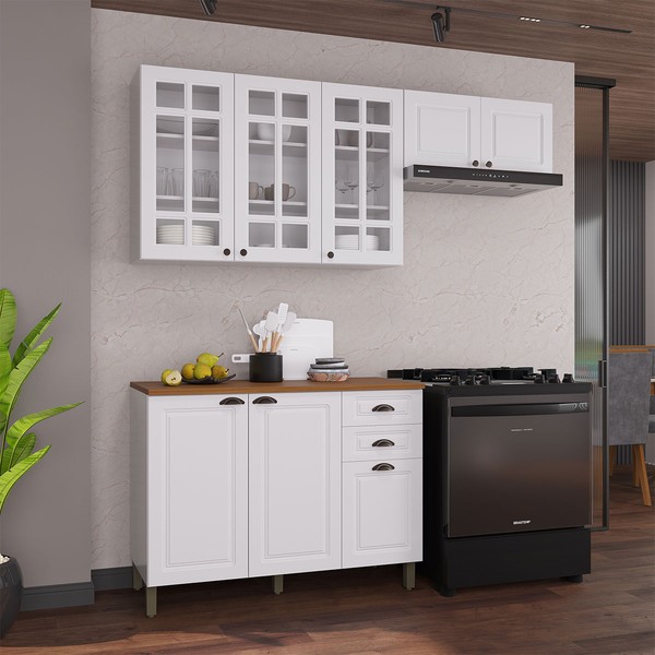 Cozinha Compacta Bariloche 8 Portas 2 Gavetas com Vidro e Tampo 100% Mdf 6225 Branco - Indékes
