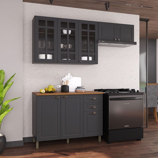 Cozinha Compacta Bariloche 8 Portas 2 Gavetas com Vidro e Tampo 100% Mdf 6225 Chumbo - Indékes