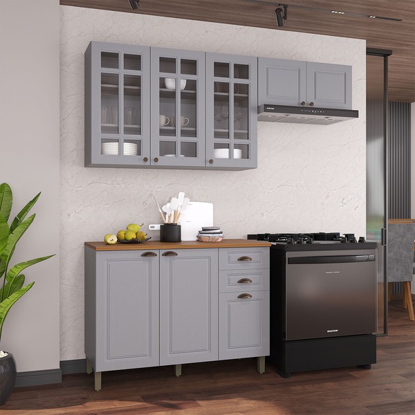 Cozinha Compacta Bariloche 8 Portas 2 Gavetas com Vidro e Tampo 100% Mdf 6225 Titânio Fosco - Indékes