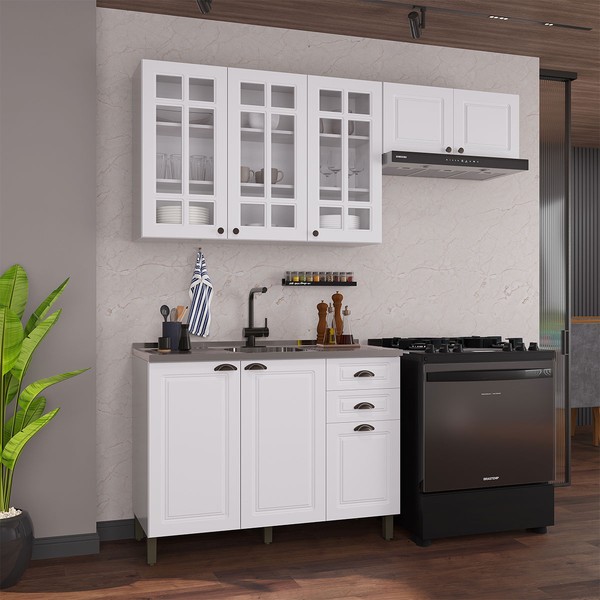 Cozinha Compacta Bariloche 8 Portas 2 Gavetas com Vidro 100% Mdf 6225 Branco - Indékes