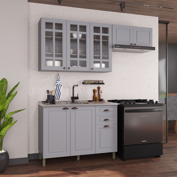 Cozinha Compacta Bariloche 8 Portas 2 Gavetas com Vidro 100% Mdf 6225 Titânio Fosco - Indékes