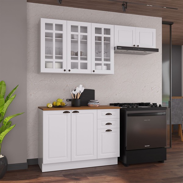 Cozinha Compacta Bariloche 8 Portas 2 Gavetas com Vidro e Tampo 100% Mdf Branco - Indékes