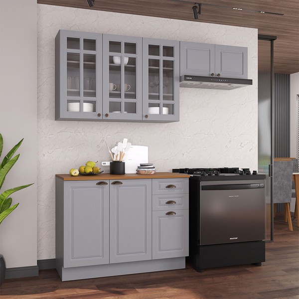 Cozinha Compacta Bariloche 8 Portas 2 Gavetas com Vidro e Tampo 100% Mdf Titânio Fosco - Indékes
