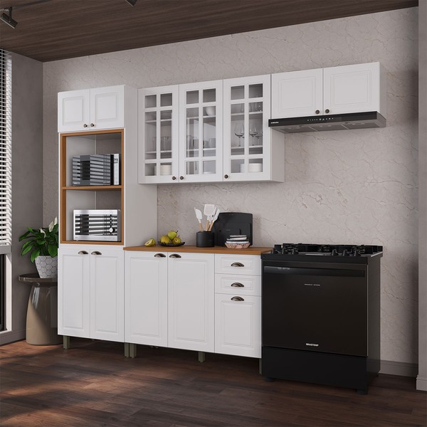 Cozinha Completa Bariloche 12 Portas 2 Gavetas com Vidro 100% Mdf Branco - Indékes