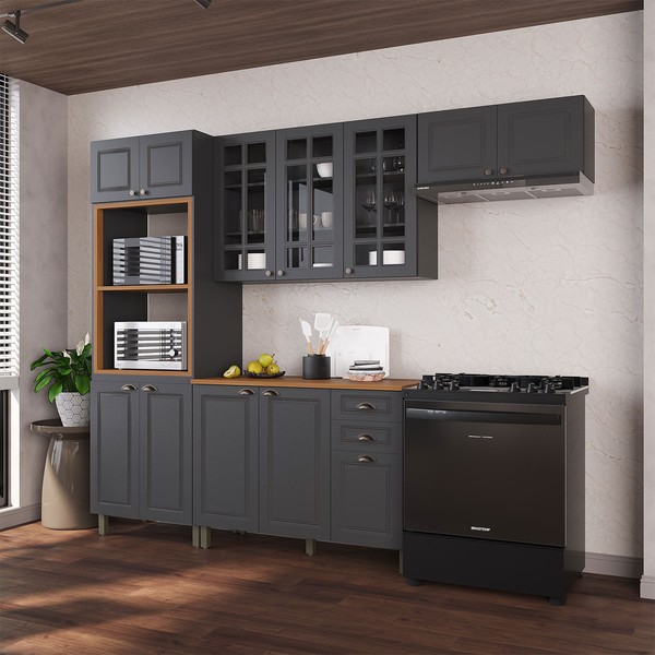 Cozinha Completa Bariloche 12 Portas 2 Gavetas com Vidro 100% Mdf  Chumbo - Indékes