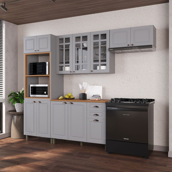 Cozinha Completa Bariloche 12 Portas 2 Gavetas com Vidro 100% Mdf Titânio Fosco - Indékes
