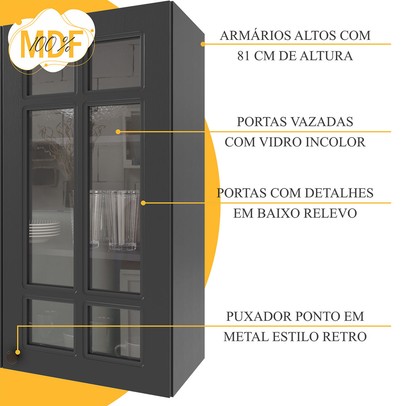 Cozinha Completa Bariloche 12 Portas 2 Gavetas com Vidro 100% Mdf 6225.126 Chumbo - Indekes