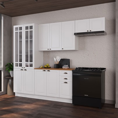 Cozinha Completa Bariloche 12 Portas 2 Gavetas com Vidro e Tampo 100% Mdf Branco - Indékes