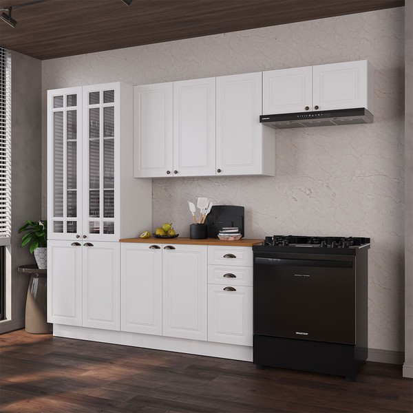 Cozinha Completa Bariloche 12 Portas 2 Gavetas com Vidro e Tampo 100% Mdf Branco - Indékes