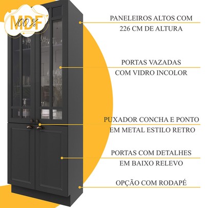 Cozinha Completa Bariloche 12 Portas 2 Gavetas com Vidro e Tampo 100% Mdf Chumbo - Indékes