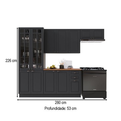 Cozinha Completa Bariloche 12 Portas 2 Gavetas com Vidro e Tampo 100% Mdf Chumbo - Indékes