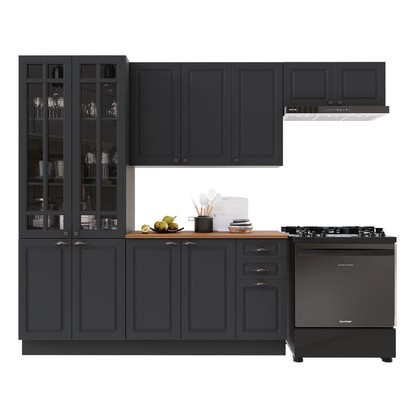 Cozinha Completa Bariloche 12 Portas 2 Gavetas com Vidro e Tampo 100% Mdf Chumbo - Indékes