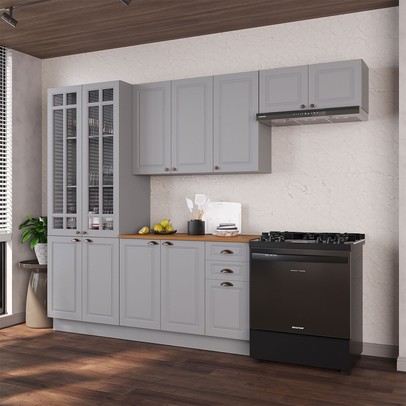 Cozinha Completa Bariloche 12 Portas 2 Gavetas com Vidro e Tampo 100% Mdf Titânio Fosco - Indékes