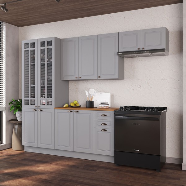 Cozinha Completa Bariloche 12 Portas 2 Gavetas com Vidro e Tampo 100% Mdf Titânio Fosco - Indékes