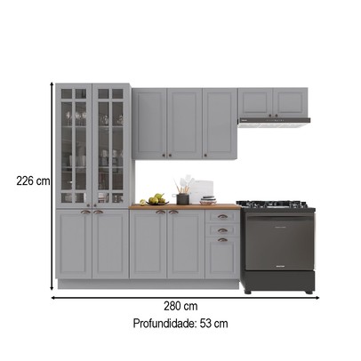 Cozinha Completa Bariloche 12 Portas 2 Gavetas com Vidro e Tampo 100% Mdf Titânio Fosco - Indékes