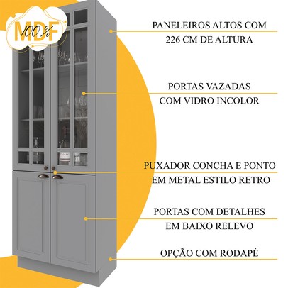 Cozinha Completa Bariloche 12 Portas 2 Gavetas com Vidro e Tampo 100% Mdf Titânio Fosco - Indékes