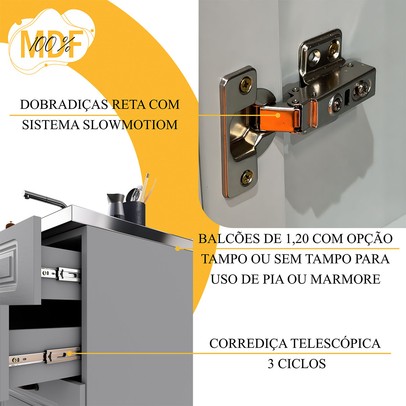 Cozinha Completa Bariloche 12 Portas 2 Gavetas com Vidro e Tampo 100% Mdf Titânio Fosco - Indékes