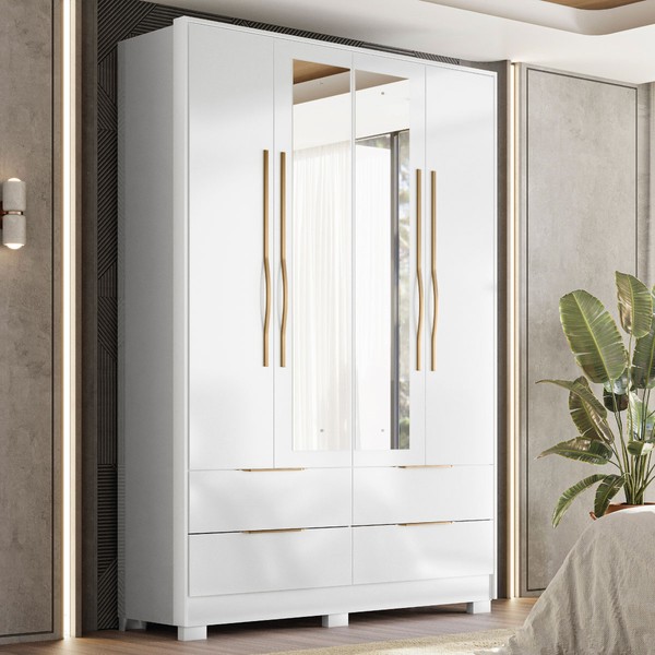 Guarda-Roupa Casal Domo 4 Portas 4 Gavetas com Espelho Branco - Demóbile
