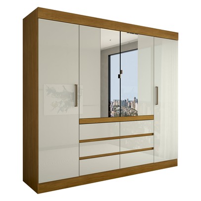Guarda-Roupa Casal Milano 4 Portas 6 Gavetas com Espelho Cinamomo/Off White - Panorama Móveis