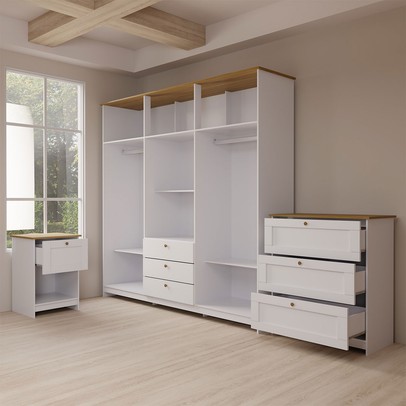 Quarto Completo Casal Americano 6 Portas 8 Gavetas Branco/Ipê - Panorama Móveis