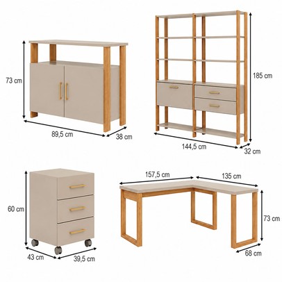 Escritório Completo Office 3 Portas 5 Gavetas 100% Mdf Off White/Freijó - Panorama Móveis
