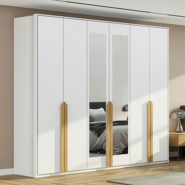 Guarda-Roupa Casal Madrid 6 Portas 4 Gavetas 100% Mdf com Espelho Branco Fosco - Pnr Móveis