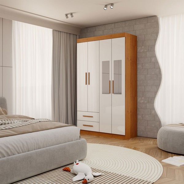 Guarda-Roupa Infantil Lisboa 4 Portas 2 Gavetas com Espelho Cinamomo/Branco - Panorama Móveis