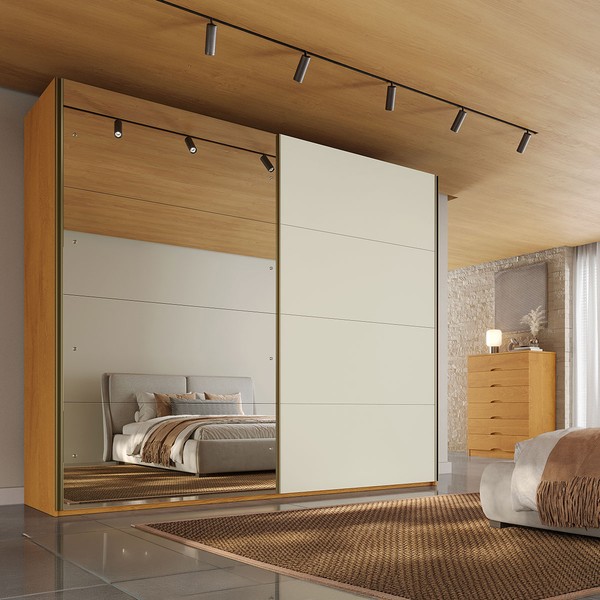 Guarda-Roupa Casal Hanover 2 Portas 6 Gavetas 100% Mdf com Espelho Flex Peroba/Off White - Mademarques