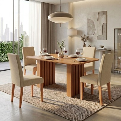Mesa de Jantar 4 Lugares Orlando Ripado 210 Cm Cinamomo/Gengibre - Panorama Moveis