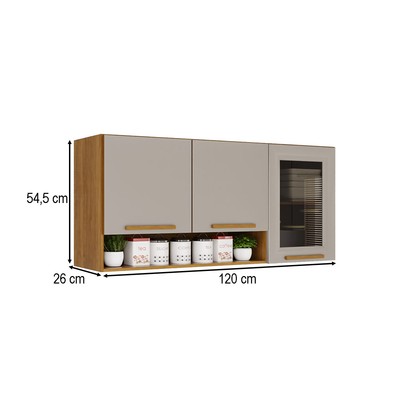 Armário Aéreo Cozinha 120 Cm Rubi 3 Portas com Vidro Fumê Cinamomo/Off White - Pnr Móveis