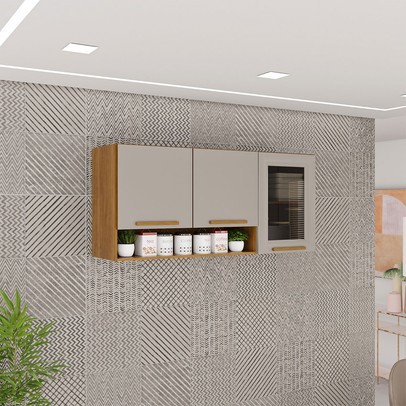 Armário Aéreo Cozinha 120 Cm Rubi 3 Portas com Vidro Fumê Cinamomo/Off White - Pnr Móveis