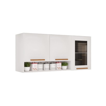 Armário Aéreo Cozinha 120 Cm Rubi 3 Portas com Vidro Fumê Branco/Cinamomo - Pnr Móveis