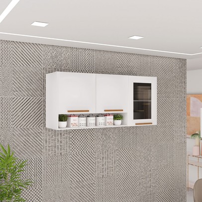 Armário Aéreo Cozinha 120 Cm Rubi 3 Portas com Vidro Fumê Branco/Cinamomo - Pnr Móveis