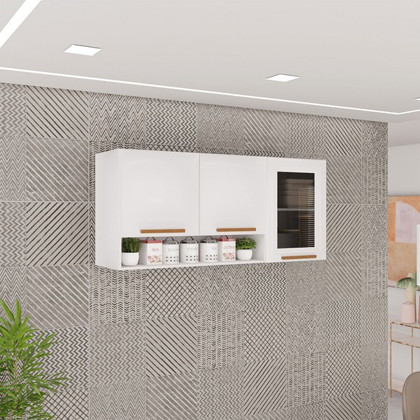 Armário Aéreo Cozinha 120 Cm Rubi 3 Portas com Vidro Fumê Branco/Cinamomo - Pnr Móveis