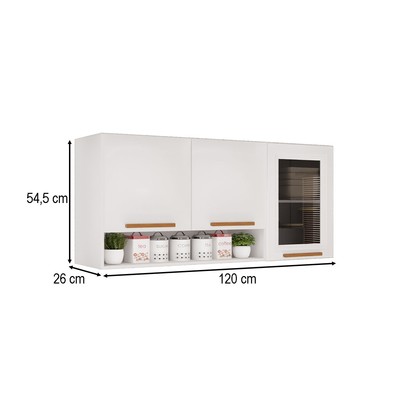 Armário Aéreo Cozinha 120 Cm Rubi 3 Portas com Vidro Fumê Branco/Cinamomo - Pnr Móveis