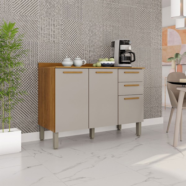 Balcão de Cozinha 120 Cm Rubi 3 Portas 2 Gavetas Cinamomo/Off White - Pnr Móveis