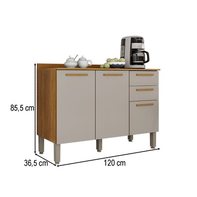 Balcão de Cozinha 120 Cm Rubi 3 Portas 2 Gavetas Cinamomo/Off White - Pnr Móveis