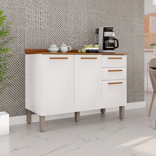 Balcão de Cozinha 120 Cm Rubi 3 Portas 2 Gavetas Branco/Cinamomo - Pnr Móveis