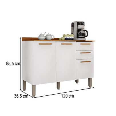 Balcão de Cozinha 120 Cm Rubi 3 Portas 2 Gavetas Branco/Cinamomo - Pnr Móveis