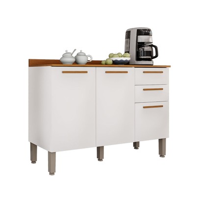 Balcão de Cozinha 120 Cm Rubi 3 Portas 2 Gavetas Branco/Cinamomo - Pnr Móveis