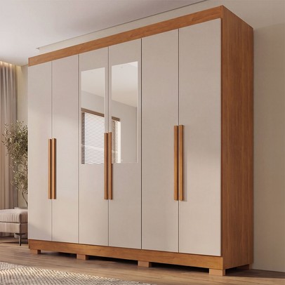 Guarda-Roupa Casal Malta 6 Portas 2 Gavetas com Espelho e Pés Cinamomo/Off White - Pnr Móveis